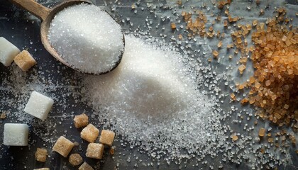 Sugar grains spilled on the table, sweet flavor, carbohydrates, saccharides  - obrazy, fototapety, plakaty