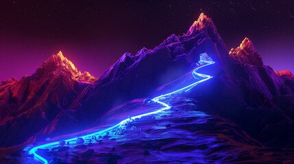 Illustration of illuminated path to a mountain. Climbing and reaching summits concept, landscape with snow, Neon Path to mountain top , Ai generated image  - obrazy, fototapety, plakaty