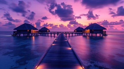 Sunset over the ocean with a pier, highlighting a tropical beach resort in the Maldives, under a vibrant sky - obrazy, fototapety, plakaty