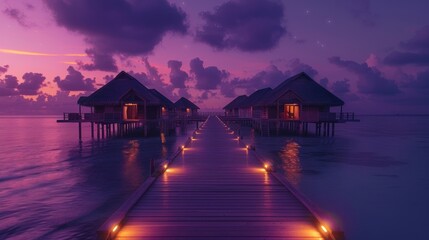 Sunset over a tropical beach with bungalows and a luxury resort by the ocean in the Maldives