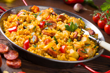 Traditional Spanish Paella with chicken.