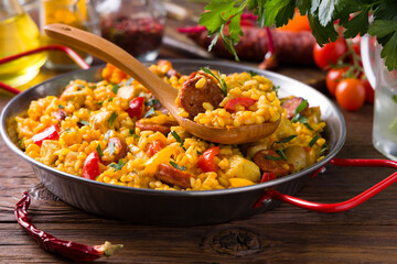 Traditional Spanish Paella with chicken.