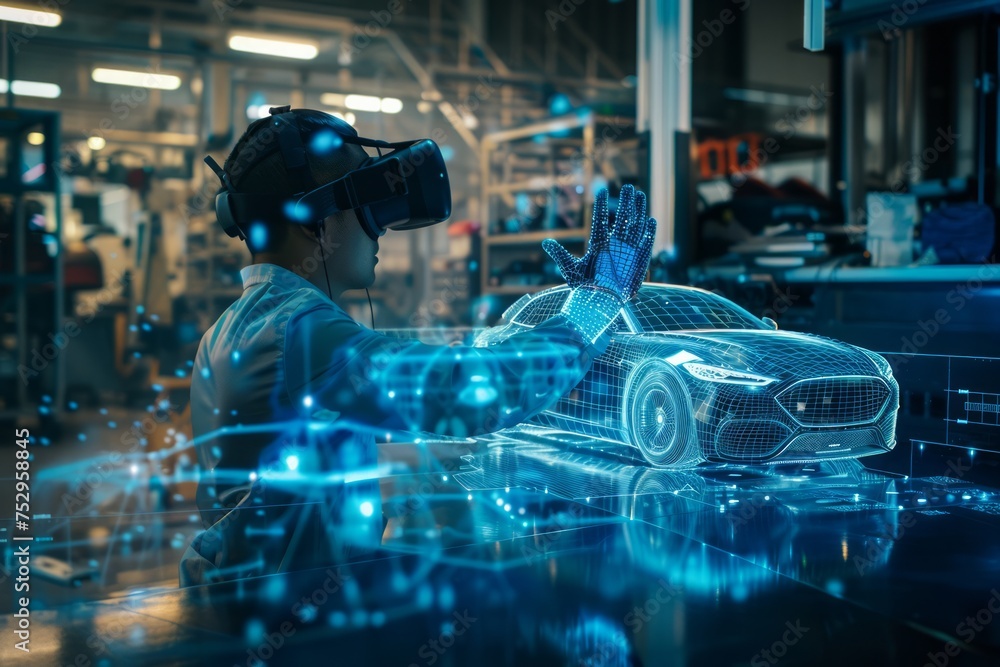 Aufkleber engineer using virtual reality to interact with car design
