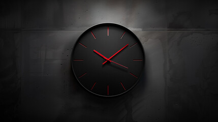 Black wall clock with red arrow on black background