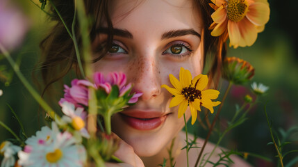 Close-up portrait of a beautiful girl with flowers in her hair