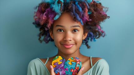 A girl with blue-purple Afro pigtails in a light green top holds a heart with puzzle pieces in her hands as a sign of solidarity.  generative ai