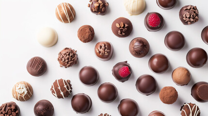 Assortment of chocolate candies on white background. Top view.