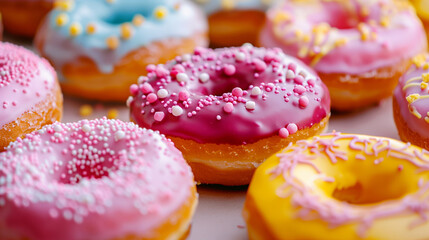 Colorful donuts with sprinkles on white background, close up