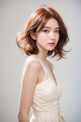 Naklejka premium Gorgeous Young Female Model - Fashion or Cosmetics Model - Beauty with Perfect Fine Features - Beautiful Smooth Hair - White Dress