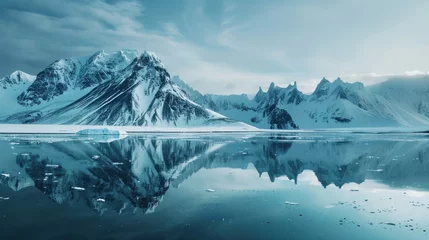 Zelfklevend Fotobehang A panoramic view of a snowy mountain lake at dawn, showcasing icy peaks and glaciers under a cloud-filled sky, embodying the serene beauty of winter in the Alps © in