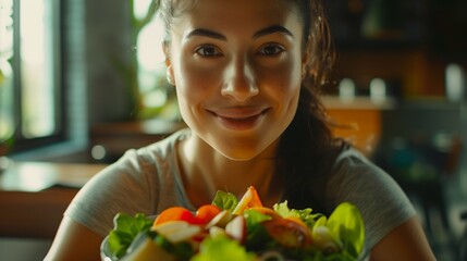 Capture the beauty of a fit woman indulging in a healthy salad after a rigorous fitness workout.
