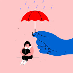 Large hand holds an umbrella over a sad woman. Psychological support and mental health concept
