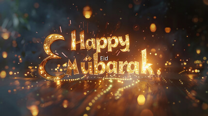 A close-up shot of glowing 3D text saying "Happy Eid Mubarak" on a sleek dark background, radiating warmth and celebration. 8K