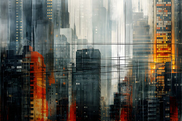 City at night abstract art background, watercolor painting of a city