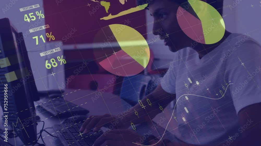 Poster animation of charts processing data over asian man using computer at casual office