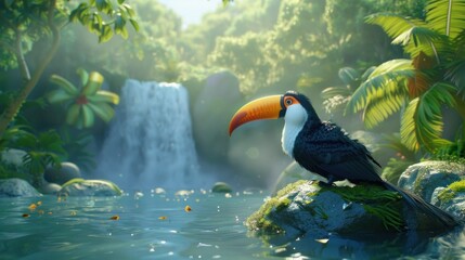 Toucan perched on a branch in a vibrant jungle showcasing its colorful feathers and large beak, embodying the essence of tropical wildlife