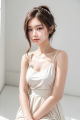 Gorgeous Young Female Model - Fashion or Cosmetics Model - Beauty with Perfect Fine Features - Beautiful Smooth Hair - White Dress