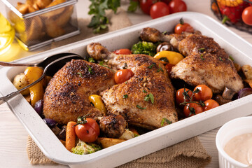 Chicken legs baked in a roasting pan with vegetables.