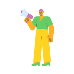 Young woman holding megaphone and smiling