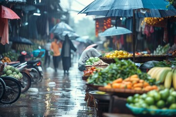 Obraz premium Rainy day at a vibrant street market with people and fresh produce.