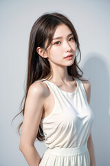 Naklejka premium Gorgeous Young Female Model - Fashion or Cosmetics Model - Beauty with Perfect Fine Features - Beautiful Smooth Hair - White Dress
