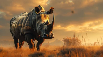 Zelfklevend Fotobehang A majestic rhino stands tall in the golden savanna at sunset. © GreenMOM