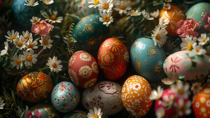 Fototapeta na wymiar Artisanal Easter Eggs Amidst Spring Blooms