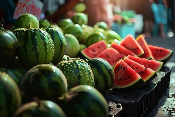 Fresh watermelons glistening at a local market stall in the sunlight. - obrazy, fototapety, plakaty