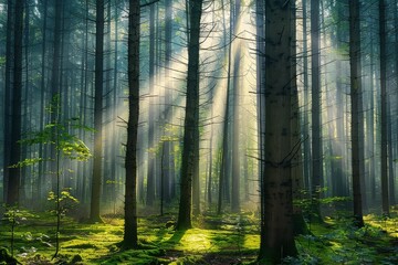 Sunrays piercing through a lush green forest creating a mystical ambiance.