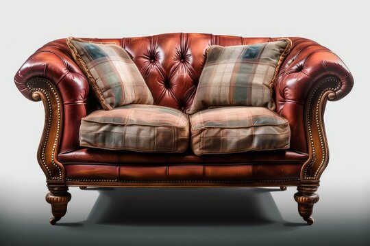 Classic chesterfield sofa with plaid pillows on a minimalist backdrop.