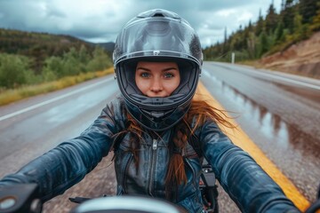 Close-up of a woman biker's face with a helmet, showcasing determination