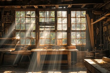Sunlight streaming into a rustic woodworking shop
