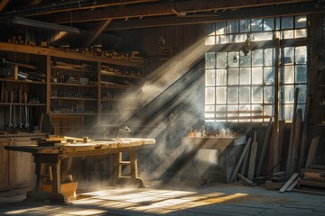 Sunlight streaming into a rustic woodworking shop