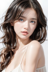 Naklejka premium Gorgeous Young Female Model - Fashion or Cosmetics Model - Beauty with Perfect Fine Features - Beautiful Smooth Hair - White Dress