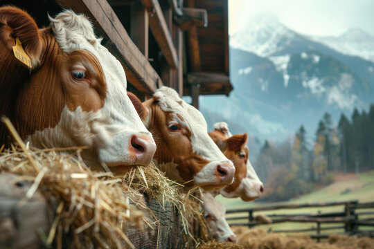Cows in Barn. Brown and white cows in a barn with a picturesque view of the mountains in the background.