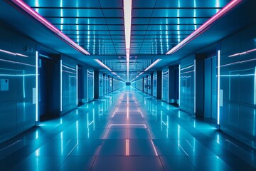 Futuristic corridor with neon lighting