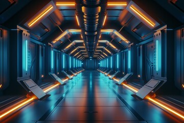Futuristic corridor with neon lighting