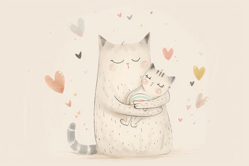 Tender illustration of a cat hugging a kitten with hearts, conveying affection and warmth.