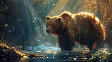 Brown bear swimming in water - obrazy, fototapety, plakaty