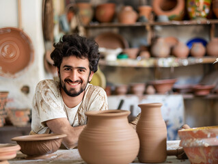 Young male artisan in clay pot while working in pottery