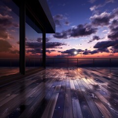 A peaceful evening sky creating a stunning contrast against a shiny wood floor