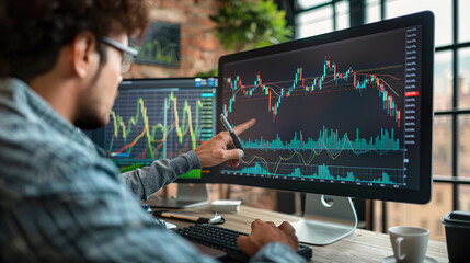 Two diverse crypto traders brokers stock exchange market investors discussing trading charts research reports growth using pc computer looking at screen analyzing invest strategy, financial risks. - obrazy, fototapety, plakaty