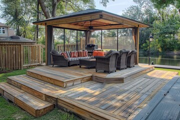 Lush backyard with a beautiful wooden gazebo, comfortable furniture, and greenery surrounding a serene lake view