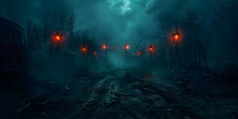 Obraz na płótnie Canvas Spooky nighttime scene digitally generated in an eerie circus setting. Concept Nighttime Scene, Spooky Atmosphere, Eerie Circus Setting, Digital Art, Surreal Feel