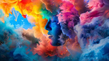 Fototapeta na wymiar Liquid Color design background fly out of mind explosion - as a fantasy. colorful brain splash Brainstorm and inspire concept. Gradient colorful abstract background 