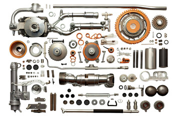 Old bicycle parts and tools in bike workshop, isolated on a Transparent background. Generative AI