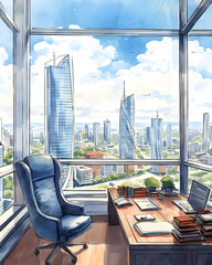 Empty room Interior with a view of skyscrapers in a big city. Downtown City Skyline Buildings From High Rise Window. Watercolor style.