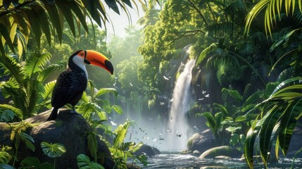Toucan perched on a tree branch in the vibrant Brazilian rainforest, showcasing its colorful feathers and large beak amidst the lush jungle