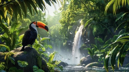  Toucan perched on a tree branch in the vibrant Brazilian rainforest, showcasing its colorful feathers and large beak amidst the lush jungle © in