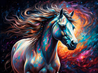 Illustration of white horse on colorful deep space backdrop.